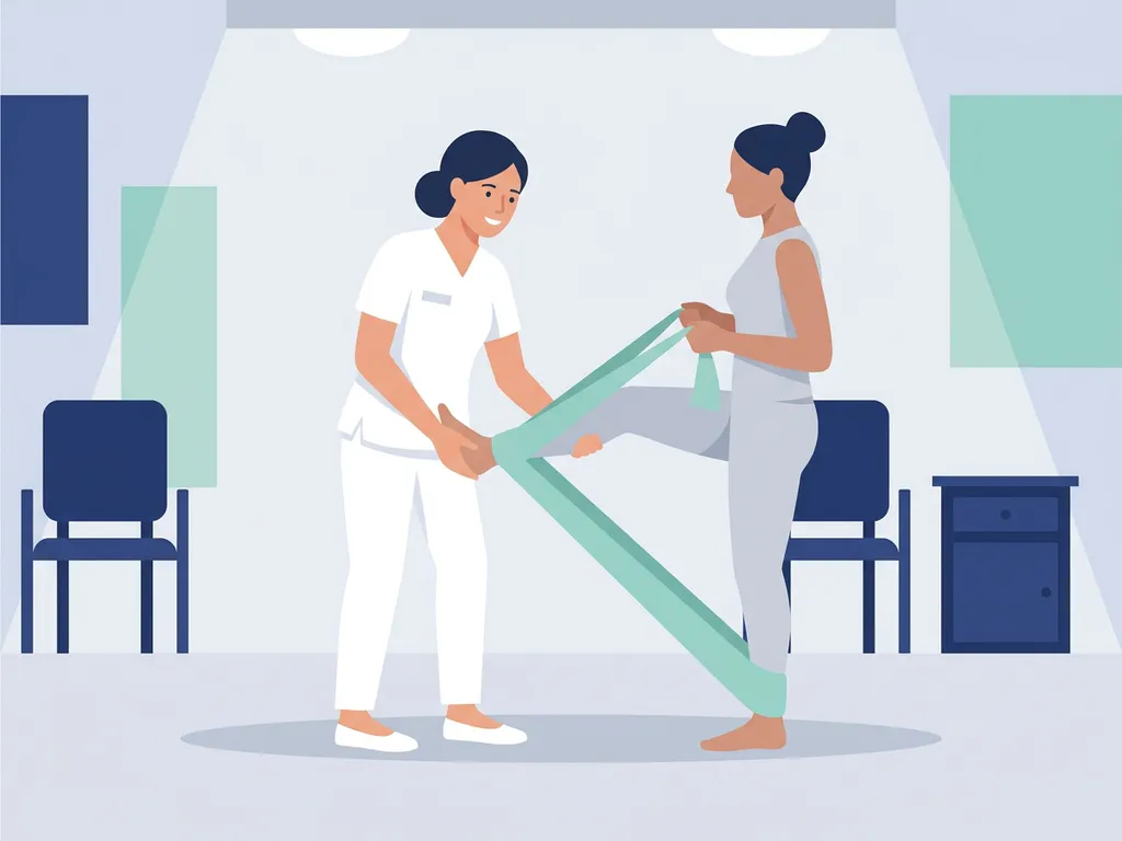 Physiotherapist in white guiding a patient through a knee-strengthening exercise using a soft teal resistance band in a modern clinic.