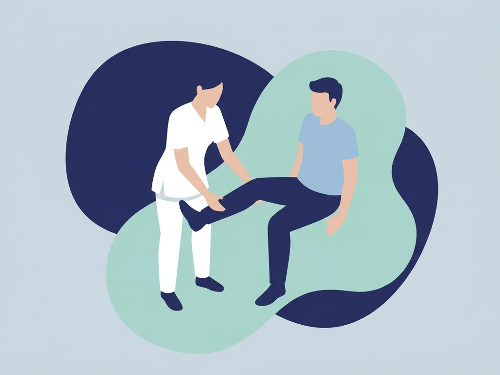 Physiotherapist in white guiding a seated patient through knee rehabilitation exercise, flat vector illustration in blue-grey tones.
