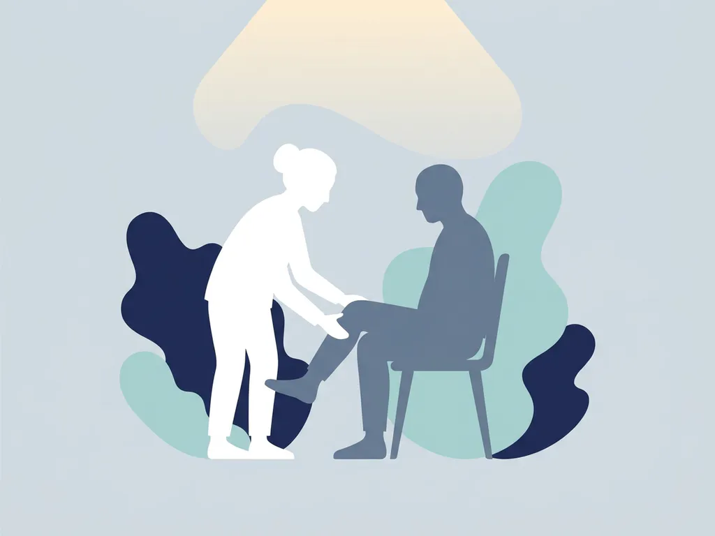 Physiotherapist in white guiding a seated patient through knee rehabilitation, flat vector illustration in soft blue-grey tones.