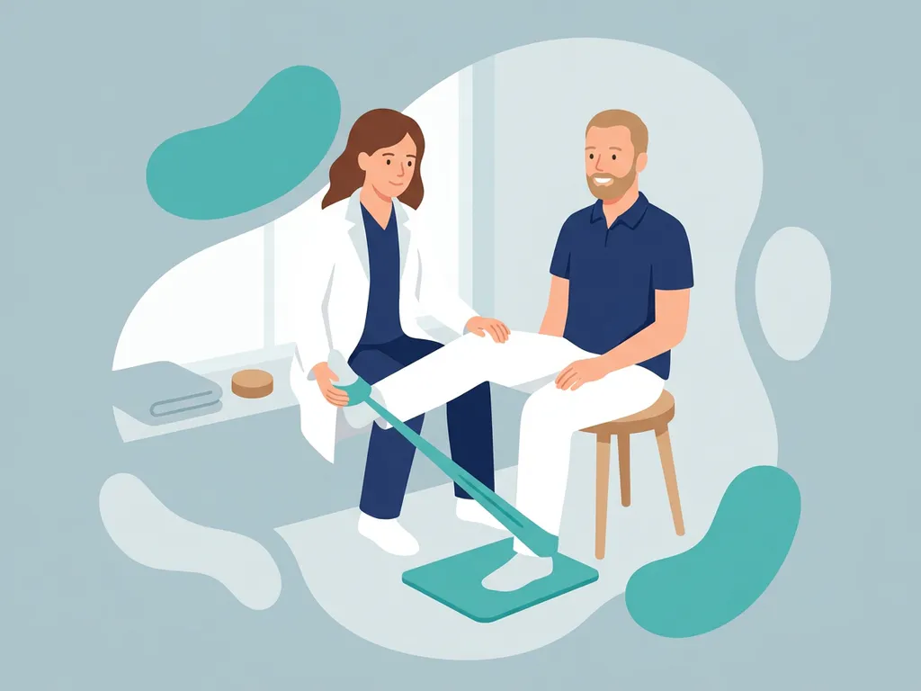 Physiotherapist in white coat guiding seated patient through knee rehabilitation exercise in a calm, softly lit clinical room.