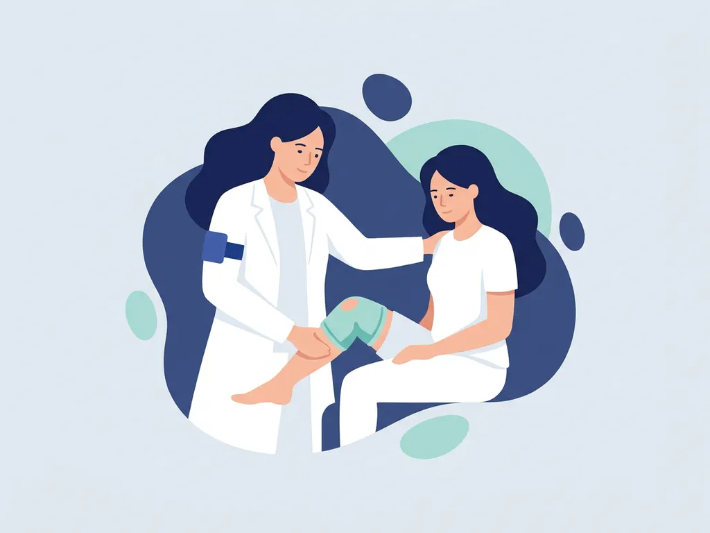 Physiotherapist in white coat guiding a seated patient through a knee rehabilitation exercise, flat vector illustration in navy and teal.