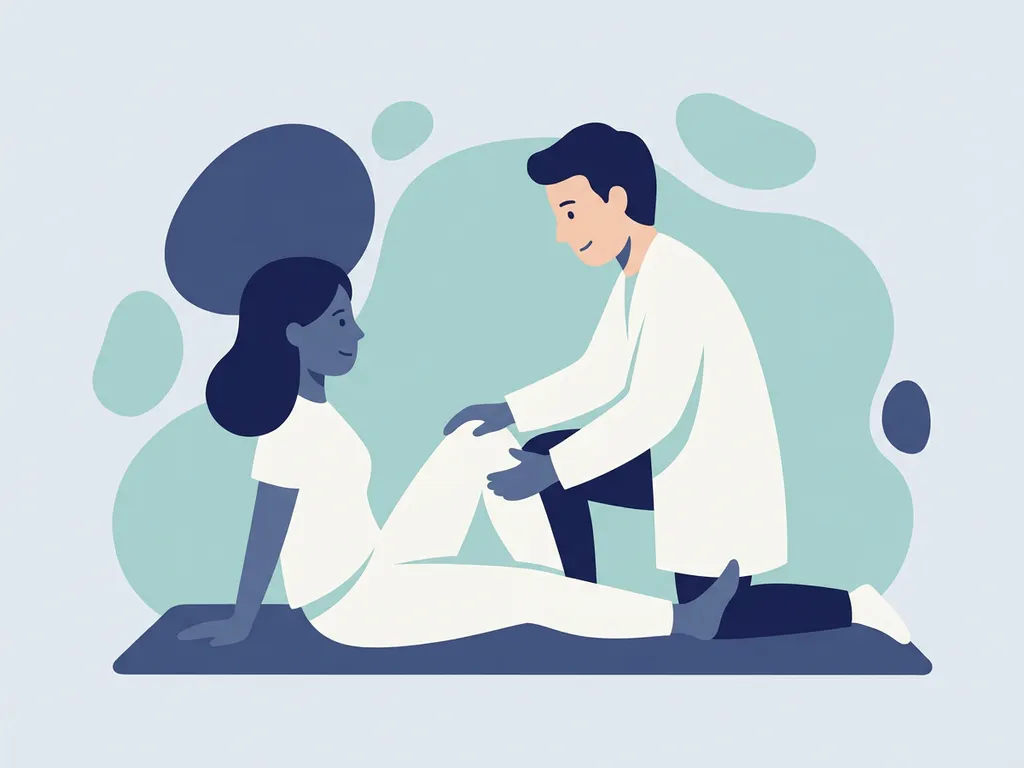 Physiotherapist in white coat guiding seated patient through knee rehabilitation exercise, flat vector medical illustration in blue-grey tones.