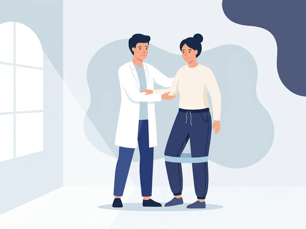 Physiotherapist in white coat guiding patient through knee rehabilitation exercise using a soft resistance band in a modern clinic.