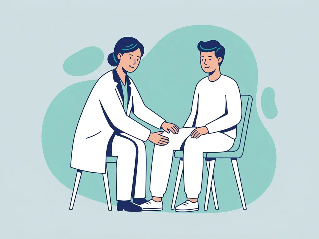 Physiotherapist in white coat examining a seated patient's knee during a calm clinical consultation.