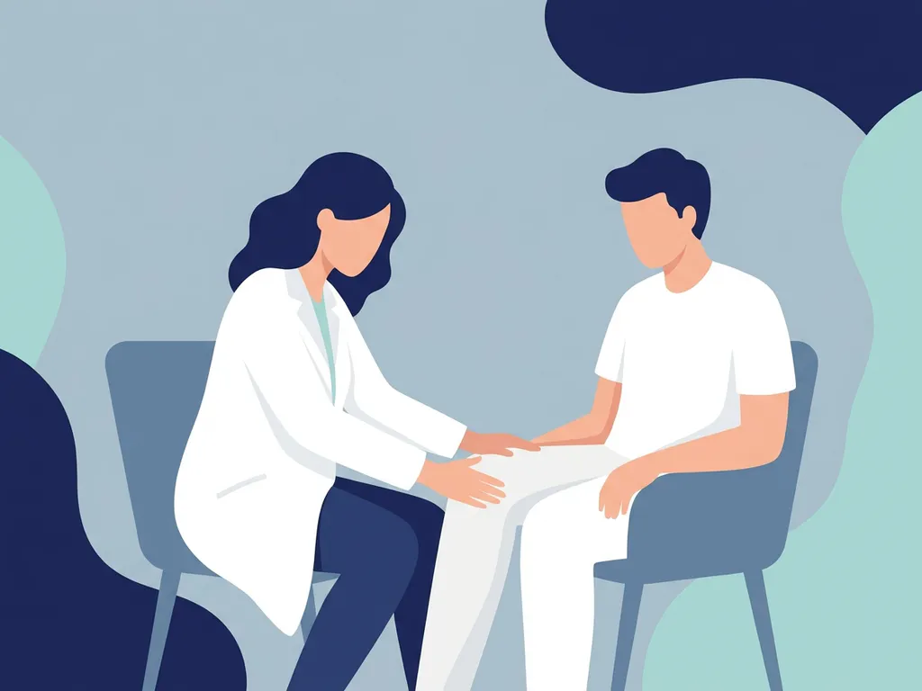 Physiotherapist in white coat examining a seated patient's knee during a clinical consultation.