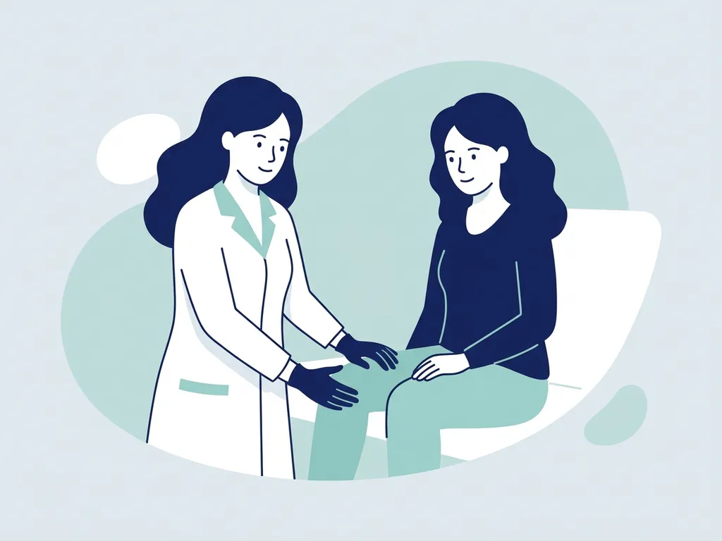 Physiotherapist in white coat examining a seated patient's knee during a clinical consultation.