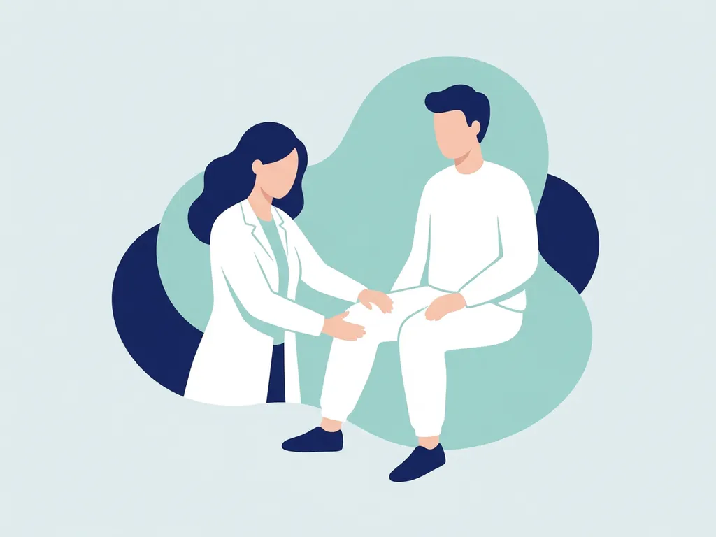 Physiotherapist in white coat examining a seated patient's knee, flat vector illustration in navy, teal, and white tones.