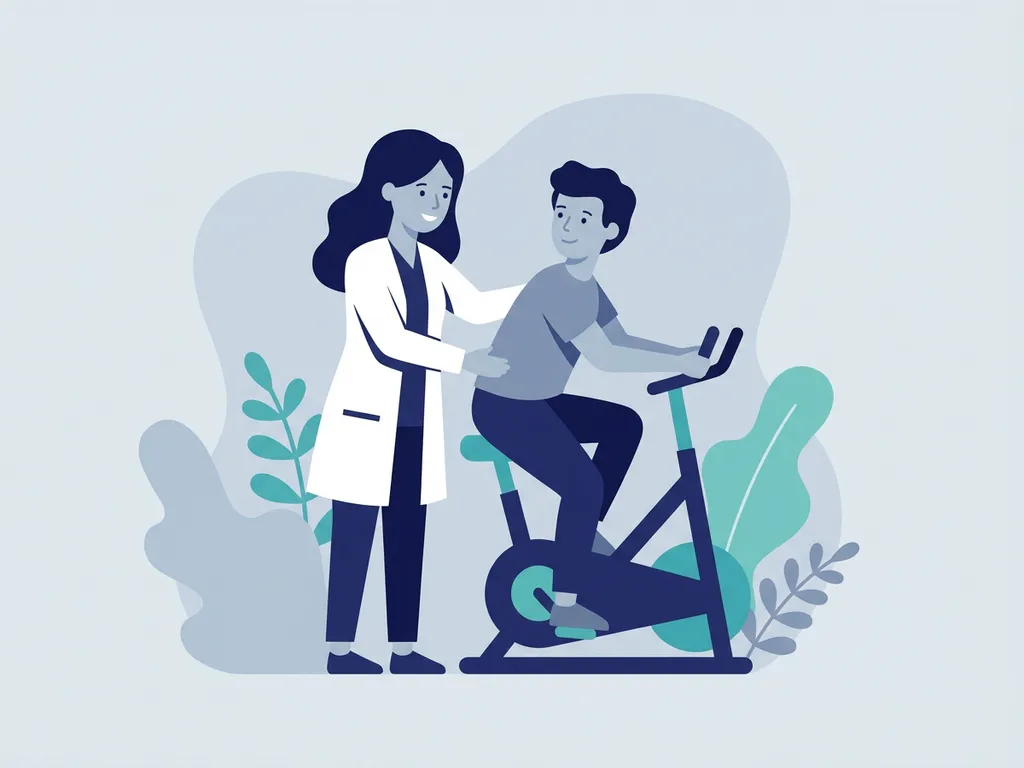 Physiotherapist in white coat assisting a seated patient on a stationary exercise bike during a rehabilitation session.