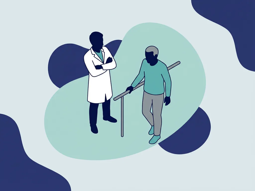 Physiotherapist in white coat observing patient walking with a slight limp in a modern clinic setting.