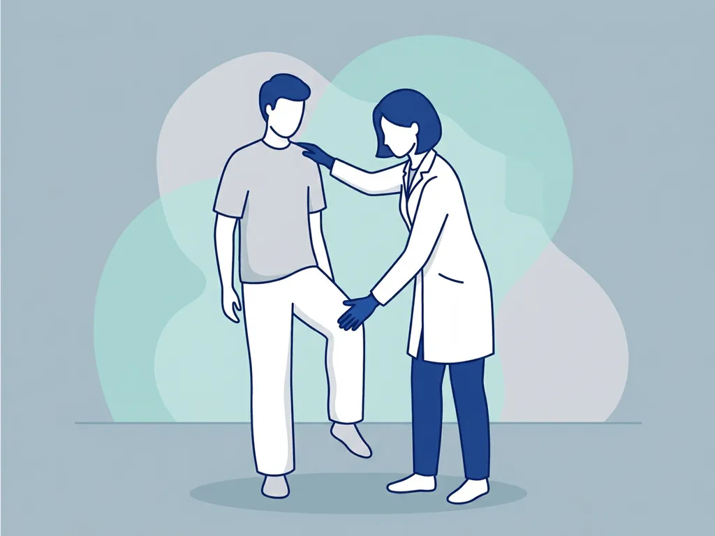 Physiotherapist in white coat assessing a patient's hip and knee alignment in a modern clinical setting.