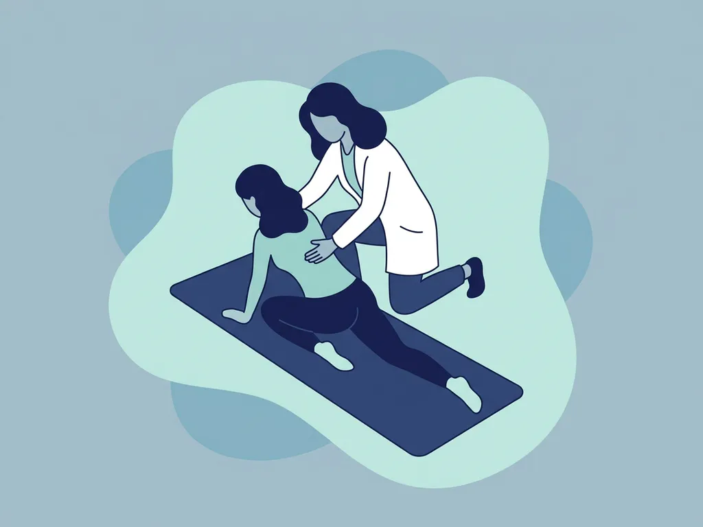 Physiotherapist in white coat guiding patient through hip-opening floor stretch on yoga mat, soft blue-grey background.