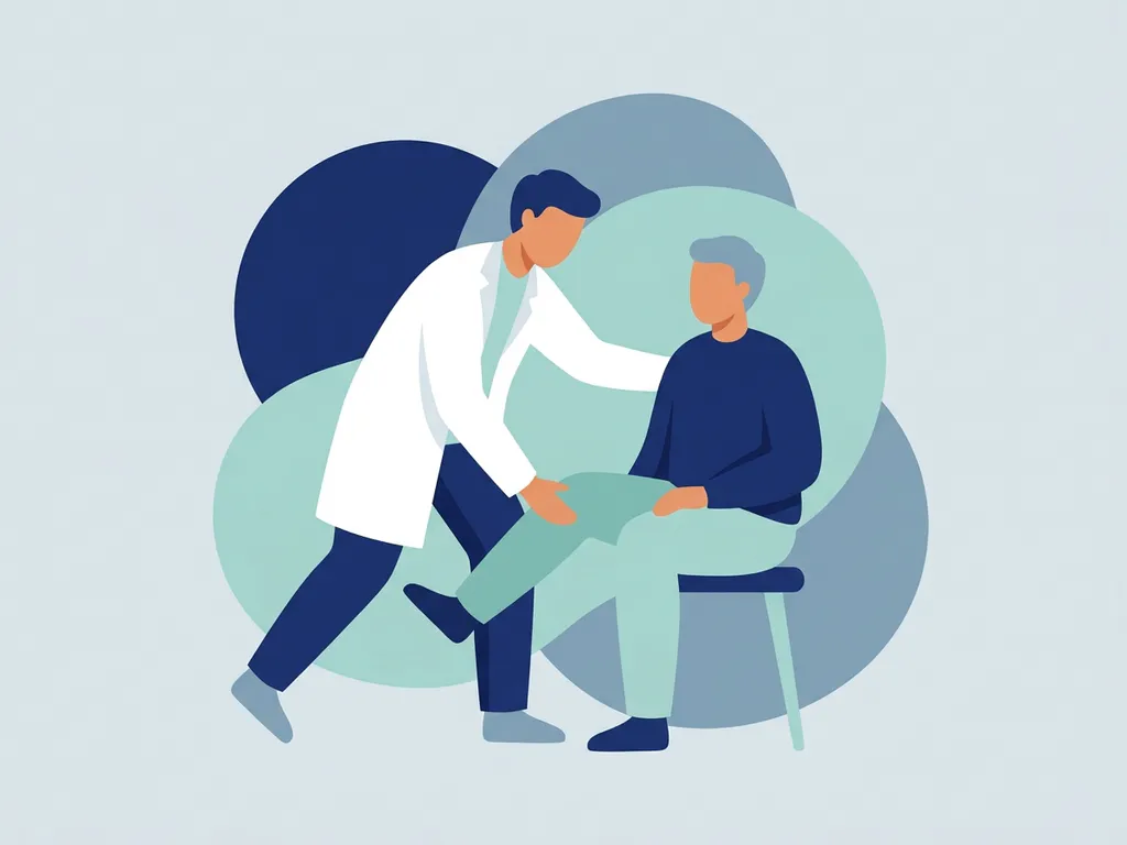 Physiotherapist in white coat guiding seated patient through a gentle hip stretch, flat vector illustration in navy and teal.