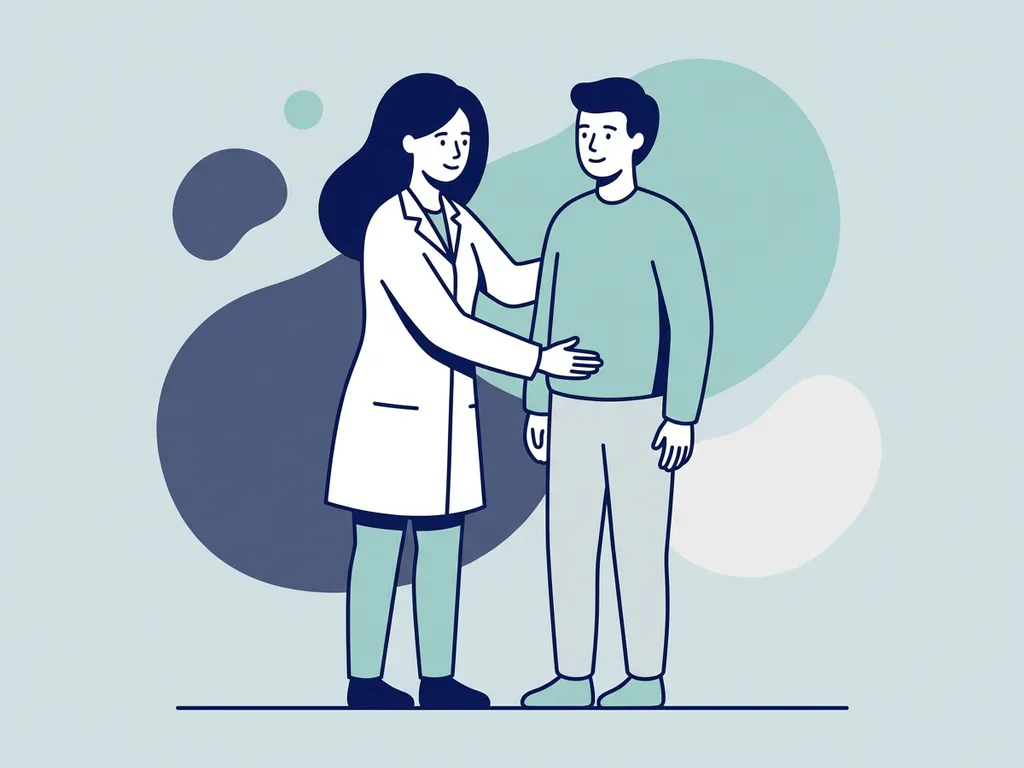 Physiotherapist in white coat assessing a patient's hip during a clinical consultation, flat vector illustration in navy and teal.