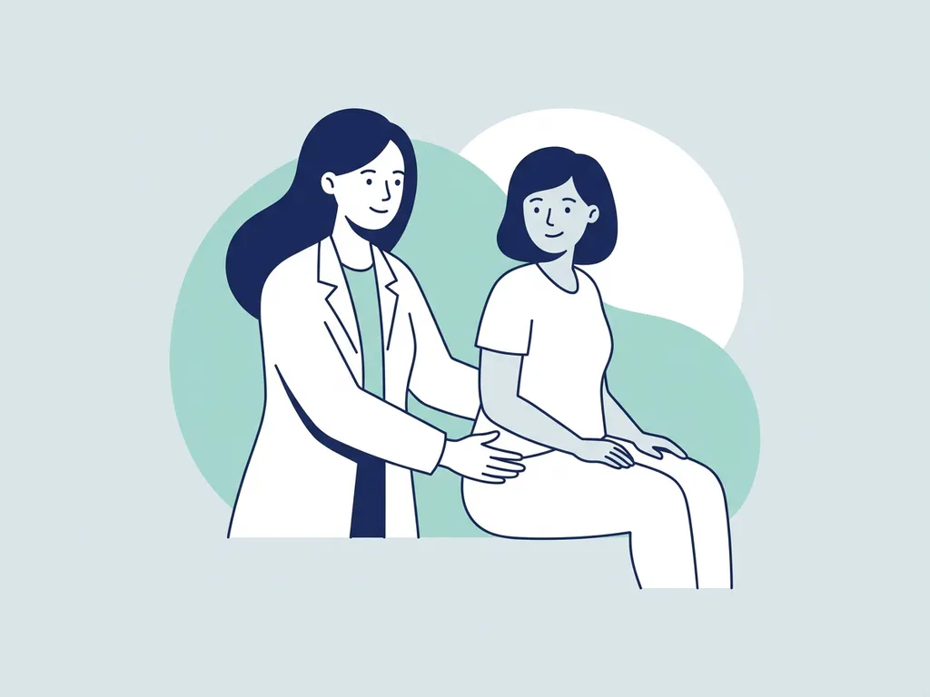 Physiotherapist in white coat placing a reassuring hand on a seated patient's hip during a consultation.