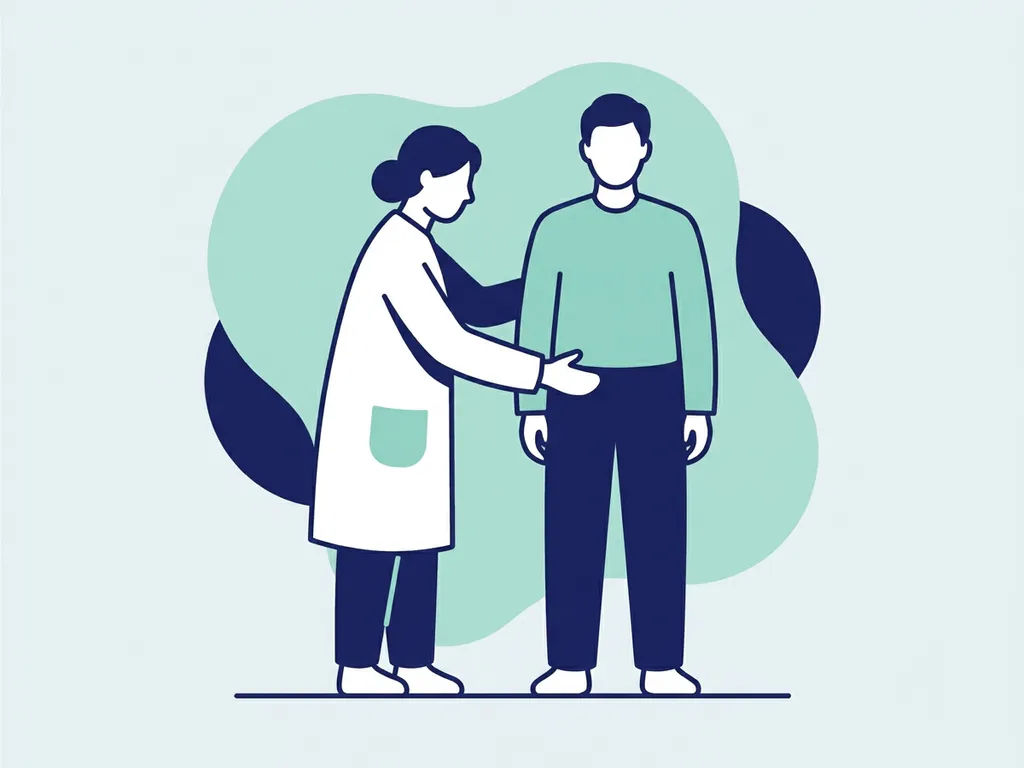 Physiotherapist in white coat assessing a patient's hip during a clinical consultation, flat vector illustration in navy and teal.