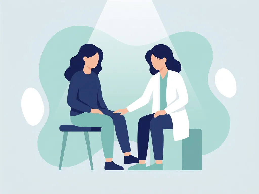 Physiotherapist in white coat gently examining a seated patient's knee in a calm, professional flat vector illustration.