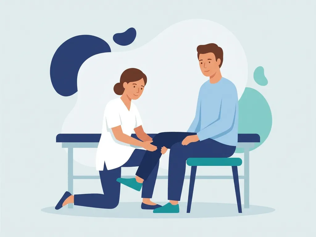 Physiotherapist in white clothing performing a gentle knee assessment on a seated patient in a calm clinical setting.