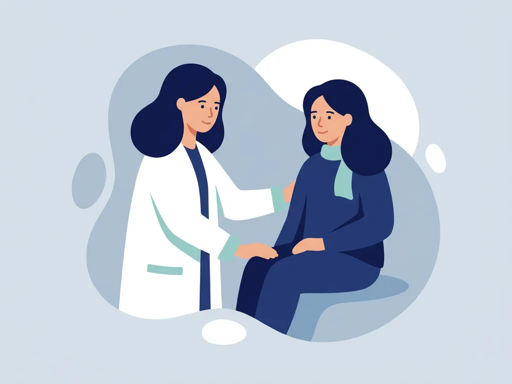 Physiotherapist in white coat placing a reassuring hand on a seated patient's knee during a calm, supportive consultation.