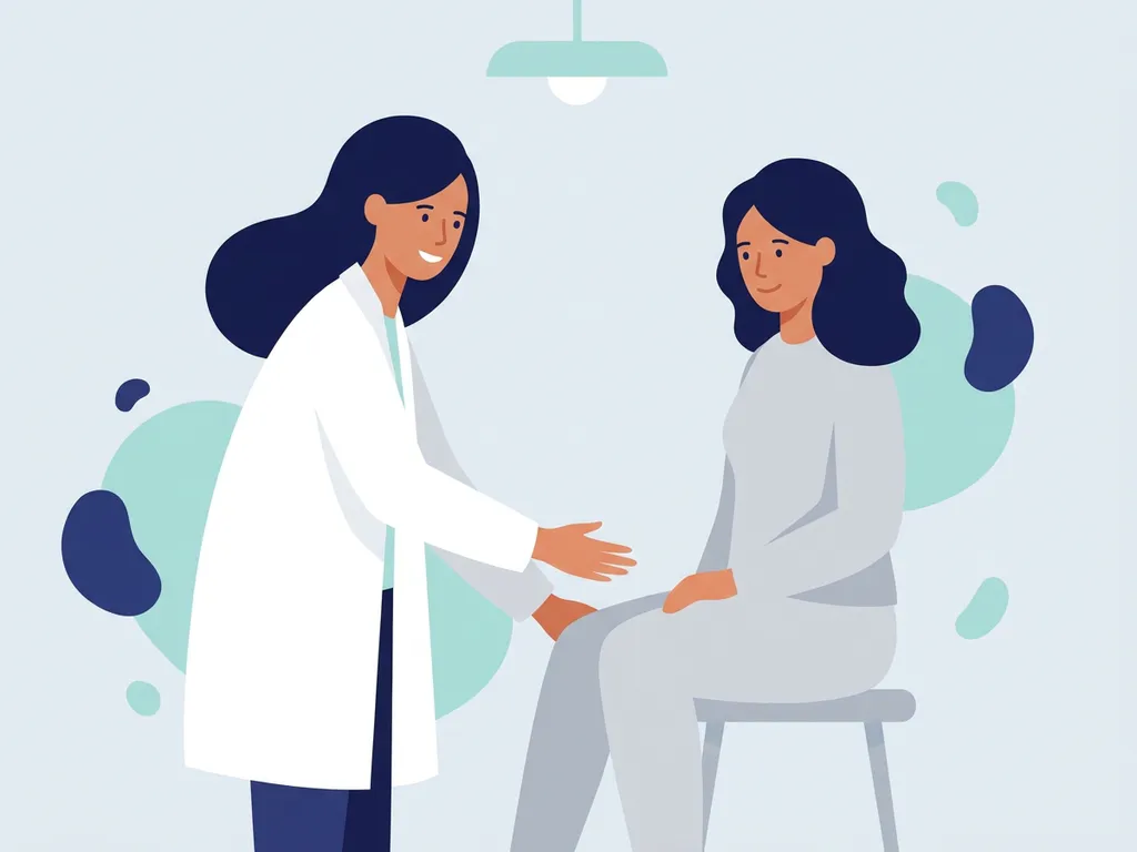 Physiotherapist in white coat consulting with seated patient during knee examination in a calm clinical setting.