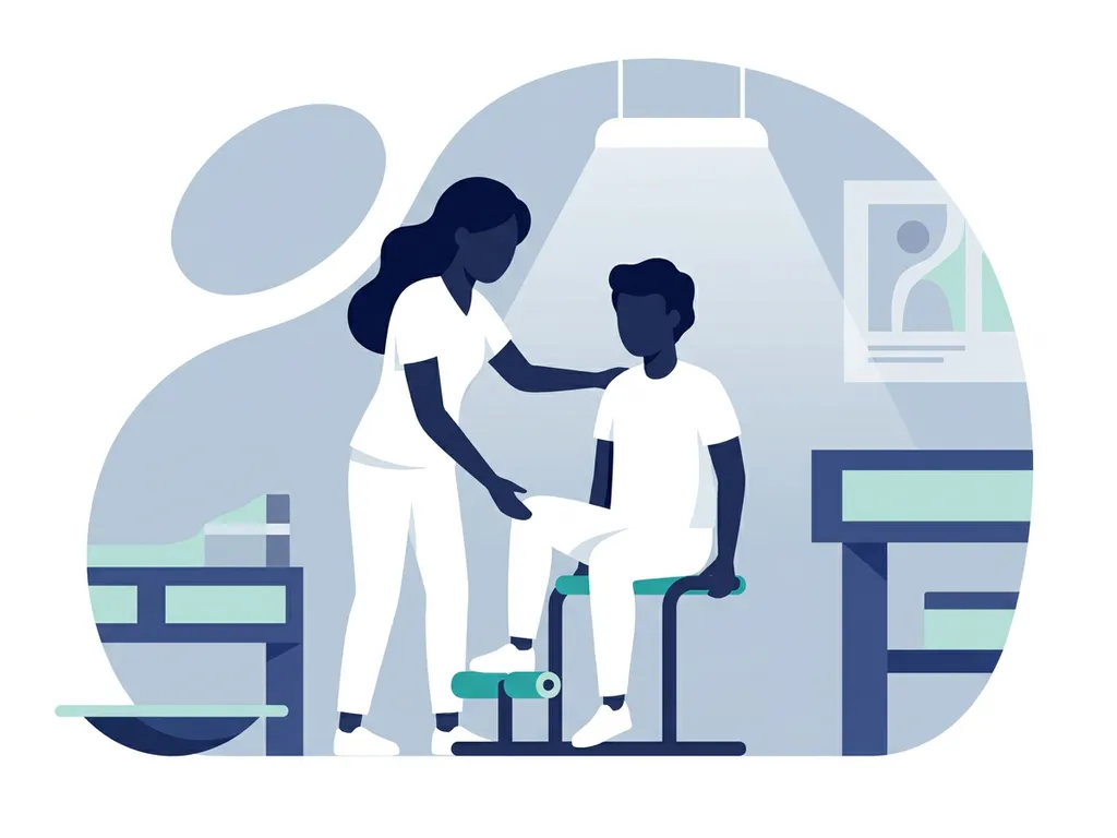 Physiotherapist in white guiding a seated patient through a knee rehabilitation exercise in a modern clinic.