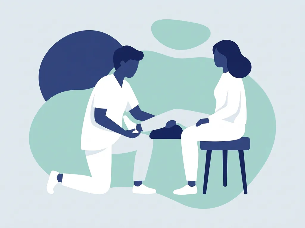 Physiotherapist in white guiding a seated patient through a knee-strengthening exercise in a clean, modern clinical setting.