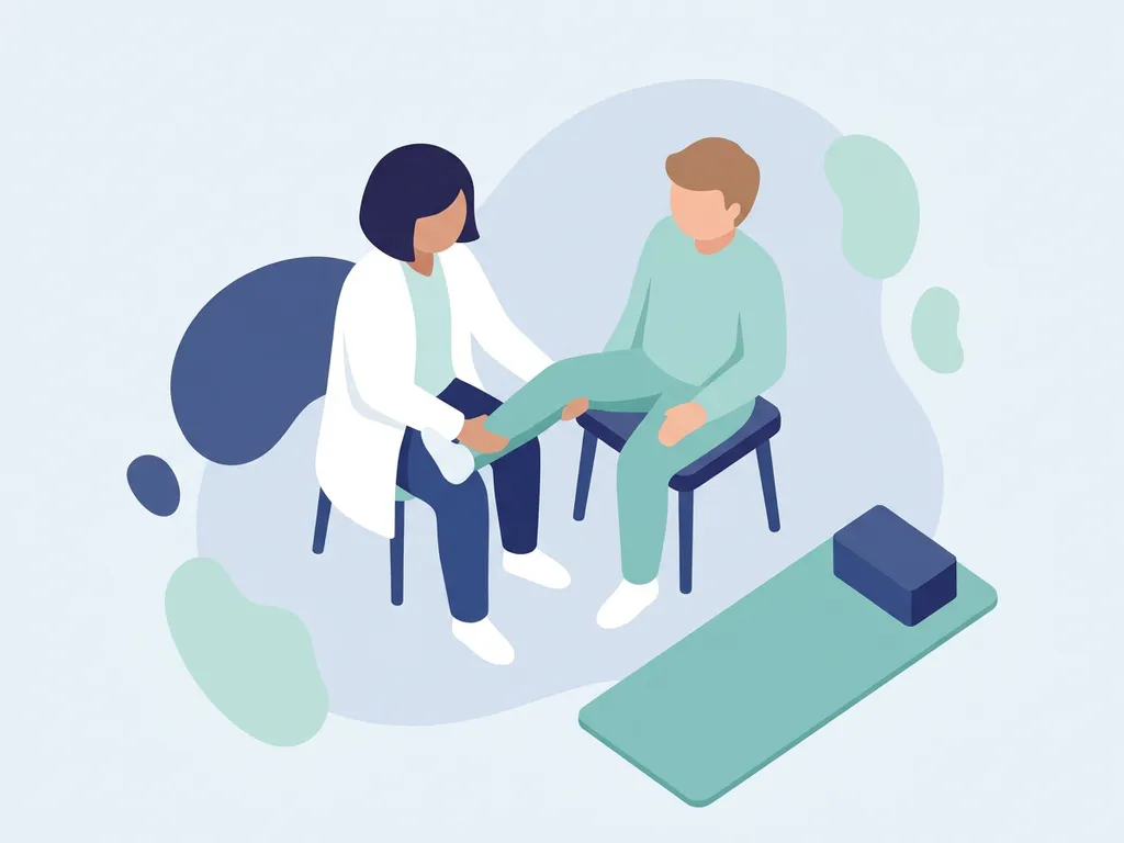 Physiotherapist in white coat guiding seated patient through knee rehabilitation exercise, flat vector medical illustration in blue-grey tones.