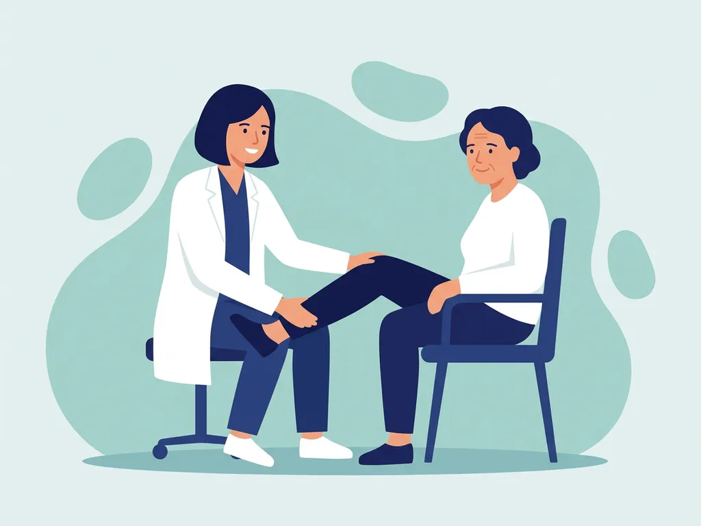 Physiotherapist in white coat guiding patient through seated knee exercise, flat vector illustration in teal and navy palette.