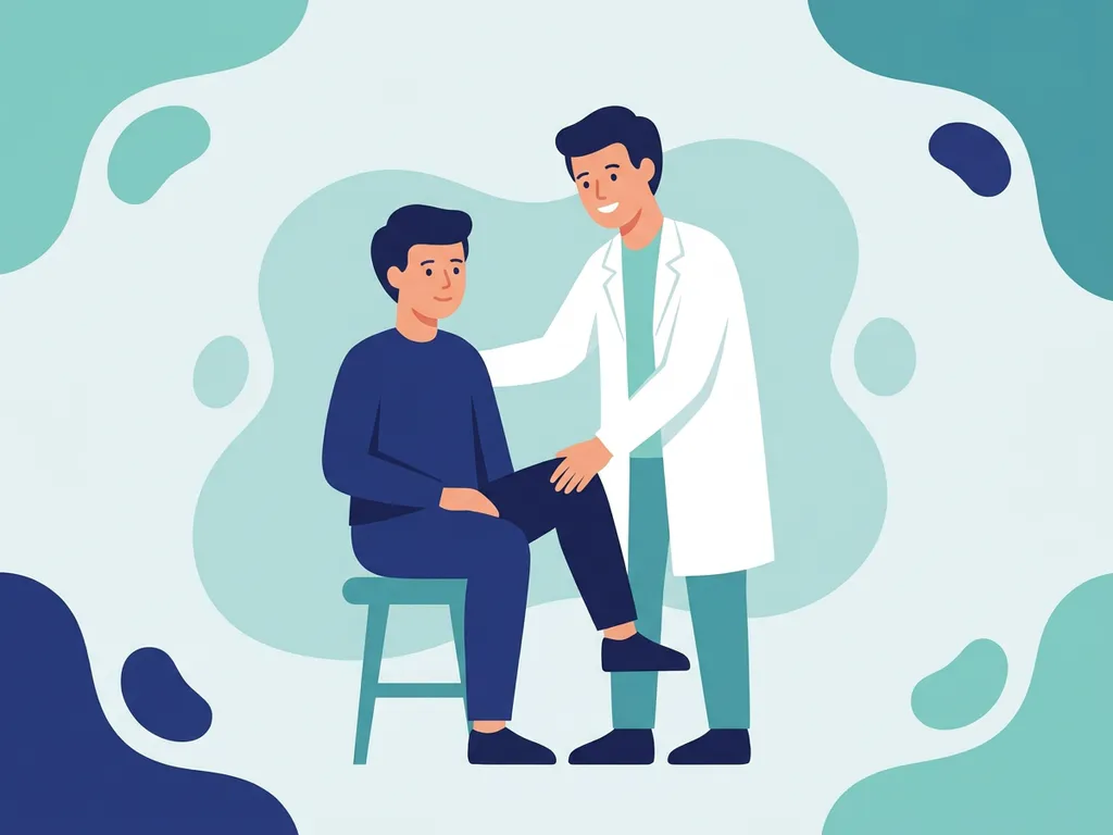 Physiotherapist in white coat guiding a patient through a seated knee mobility exercise in a modern flat vector medical illustration.