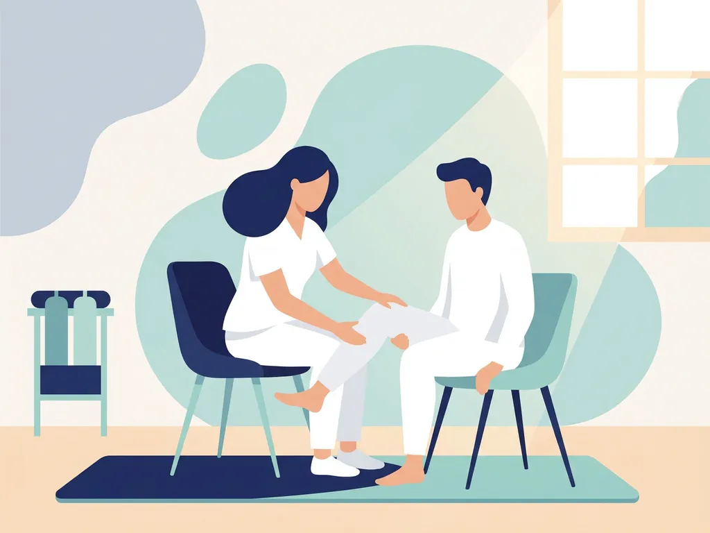 Physiotherapist in white guiding a seated patient through a knee mobility exercise in a calm, softly lit clinical room.