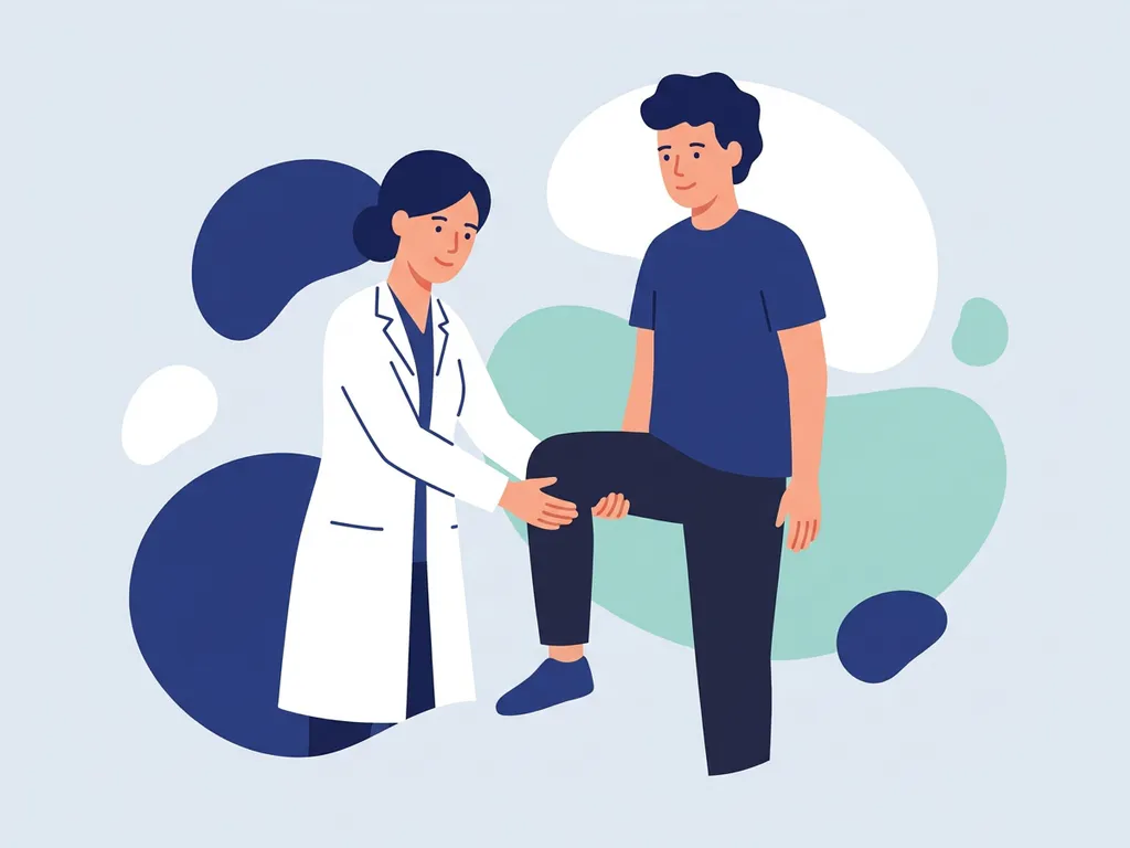 Physiotherapist in white coat guiding patient through standing knee rehabilitation exercise in a flat vector illustration.