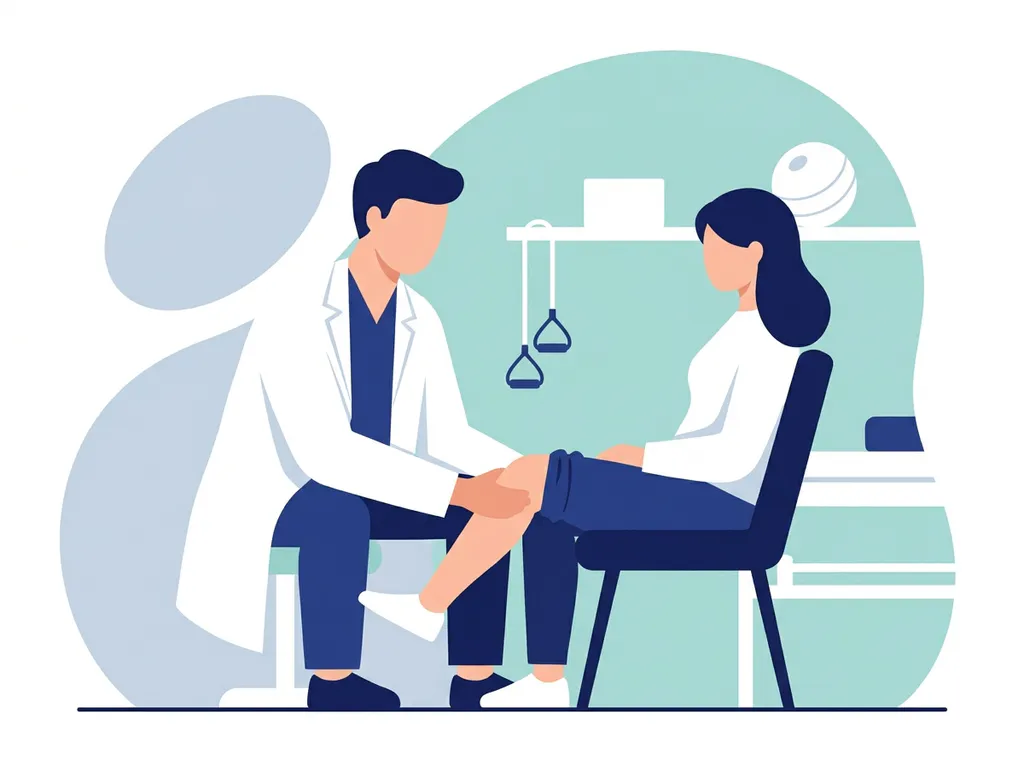Physiotherapist in white coat supporting a seated patient's knee during rehabilitation in a modern clinical room.