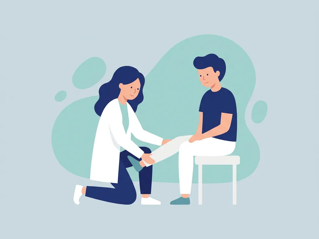 Physiotherapist in white coat guiding seated patient through knee-strengthening leg exercise, flat vector illustration in navy and teal.