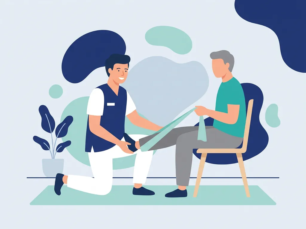 Physiotherapist in white guiding a seated patient through a knee-strengthening exercise in a modern clinic setting.