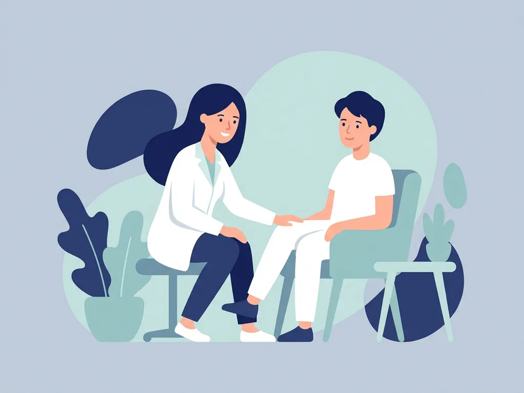 Physiotherapist in white coat placing a reassuring hand on a seated patient's knee during a consultation.