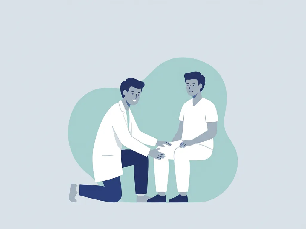Physiotherapist in white coat examining a seated patient's knee during a clinic consultation, flat vector medical illustration in teal and navy tones.