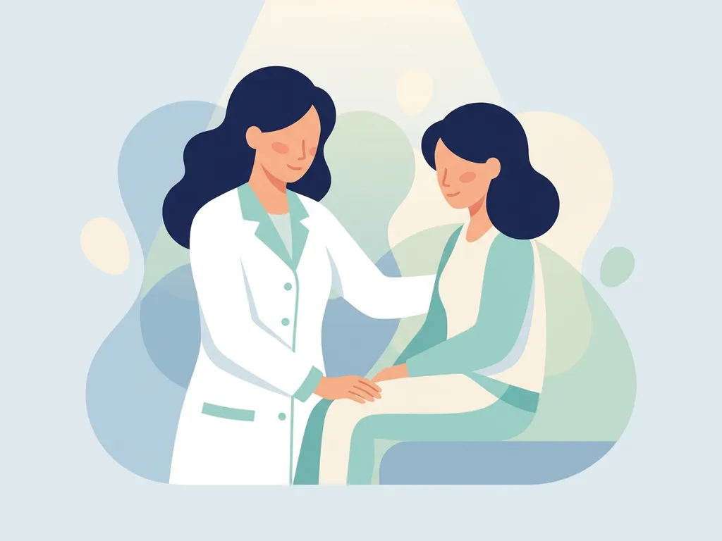 Physiotherapist in white coat placing a reassuring hand on a seated patient's knee during a consultation.