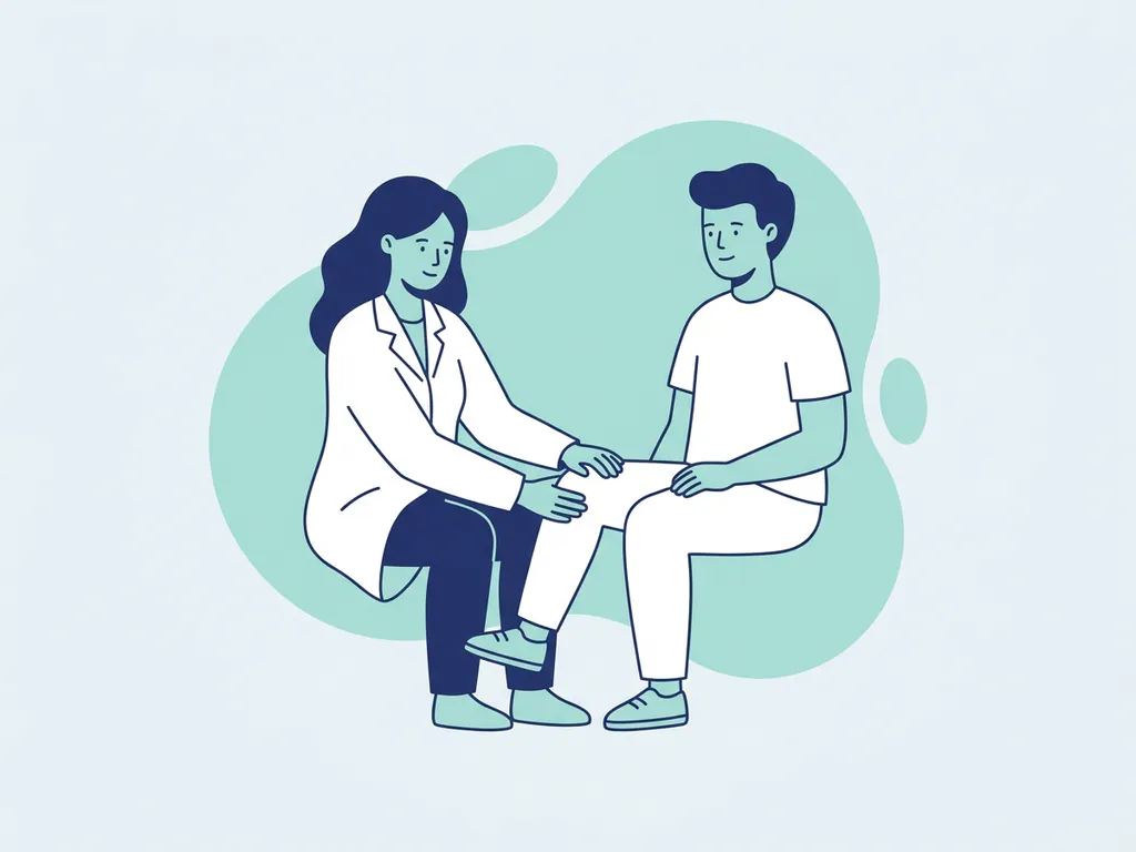 Physiotherapist in white coat examining a seated patient's knee during a calm clinical consultation.