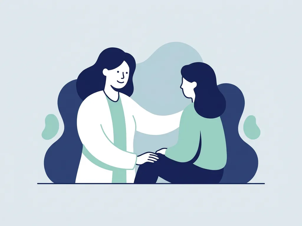 Physiotherapist in white coat examining a seated patient's knee during a clinical consultation.