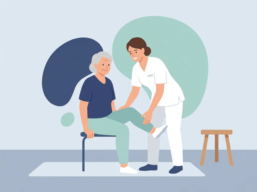 Physiotherapist in white guiding an older patient through a seated leg exercise in a calm clinical setting.