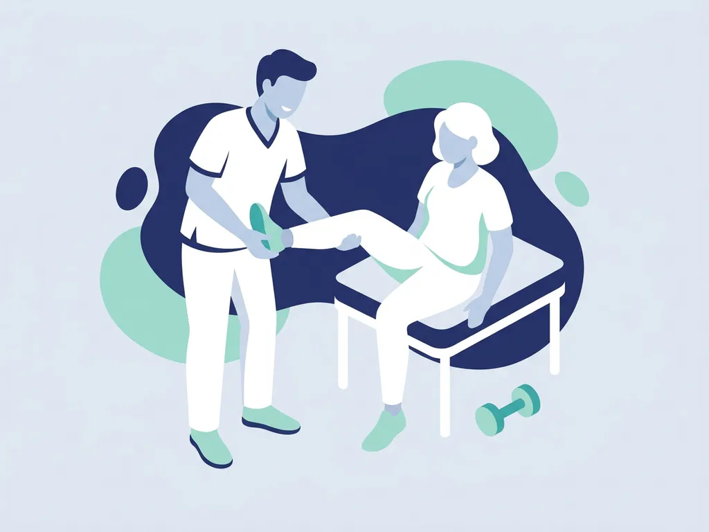 Physiotherapist in white guiding a seated patient through a leg-strengthening exercise on a low bench, flat vector illustration in soft blue-grey tones.