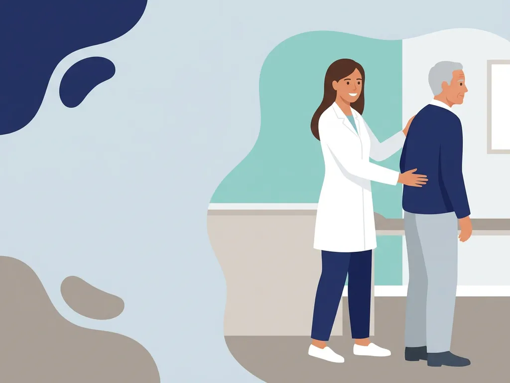 Physiotherapist in white coat placing a supportive hand on an older patient's lower back in a modern clinic.