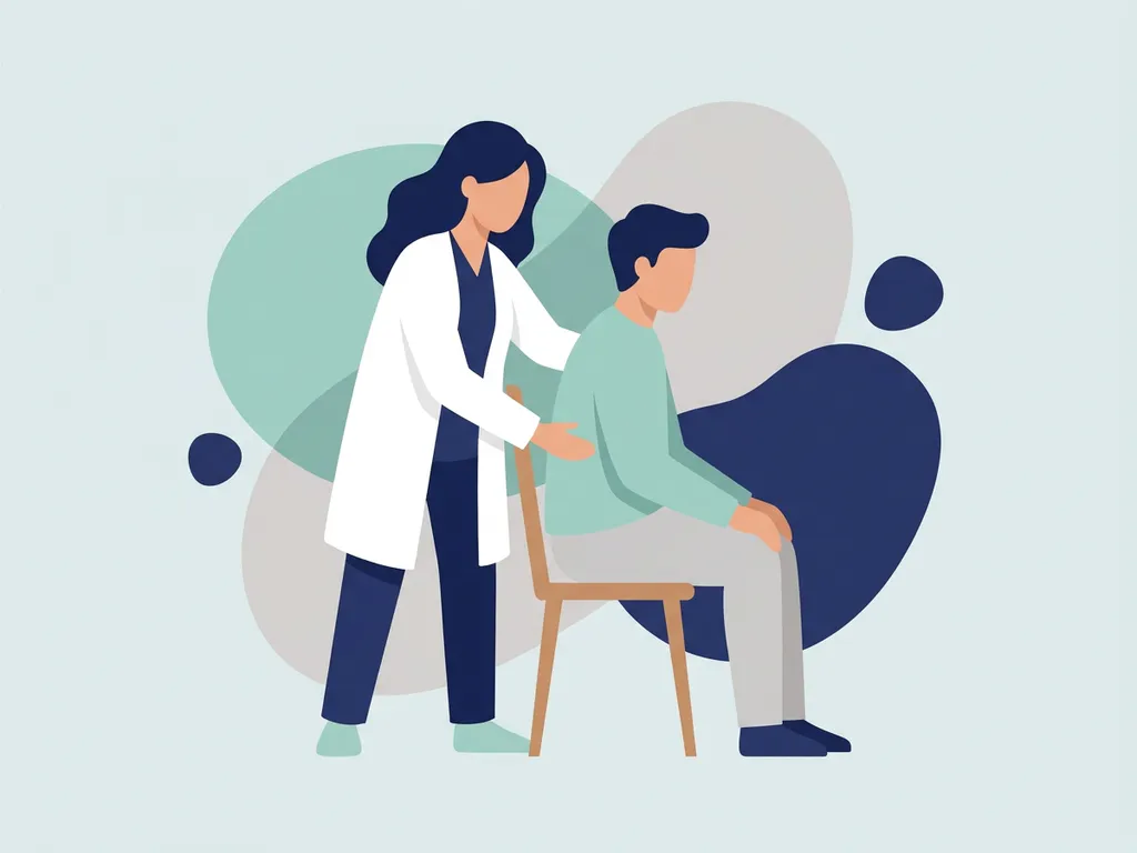 Physiotherapist in white coat placing a reassuring hand on a seated patient's lower back in a calm clinical setting.