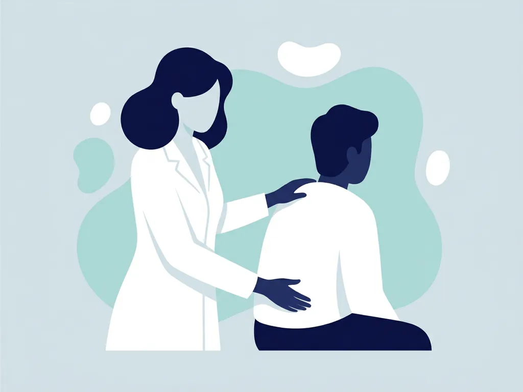 Physiotherapist in white coat assessing a seated patient's lower back during a clinical consultation.