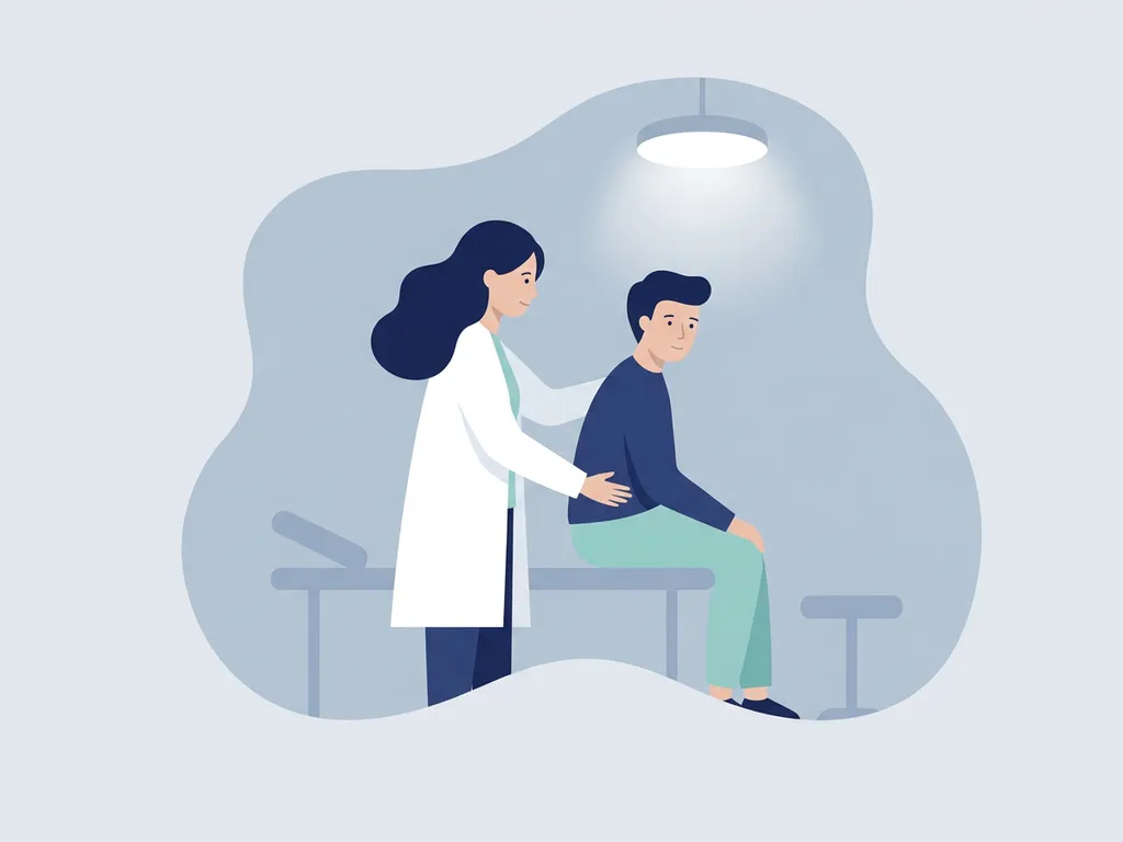 Physiotherapist in white coat examining a seated patient's lower back during a clinical assessment session.
