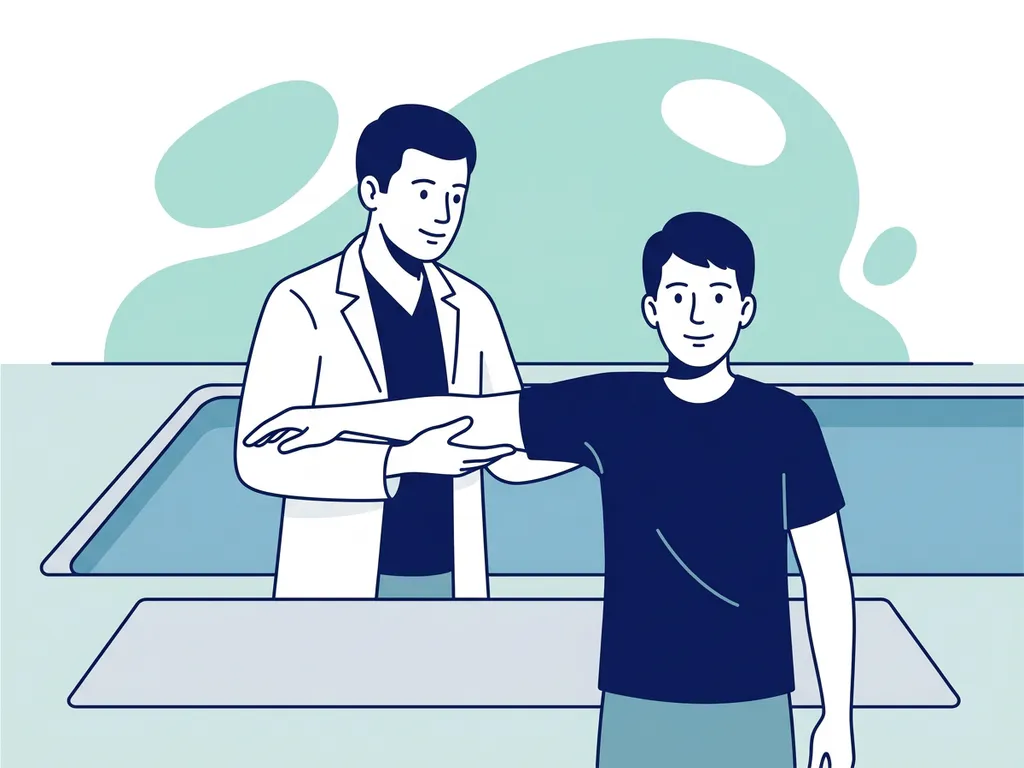 Physiotherapist in white coat guiding patient through movement exercises beside a calm blue therapy pool in a modern clinic.