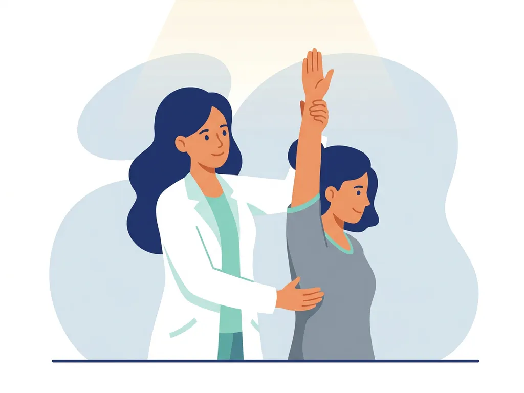 Physiotherapist in white coat guiding a patient through a standing rehabilitation exercise in a modern flat vector illustration.