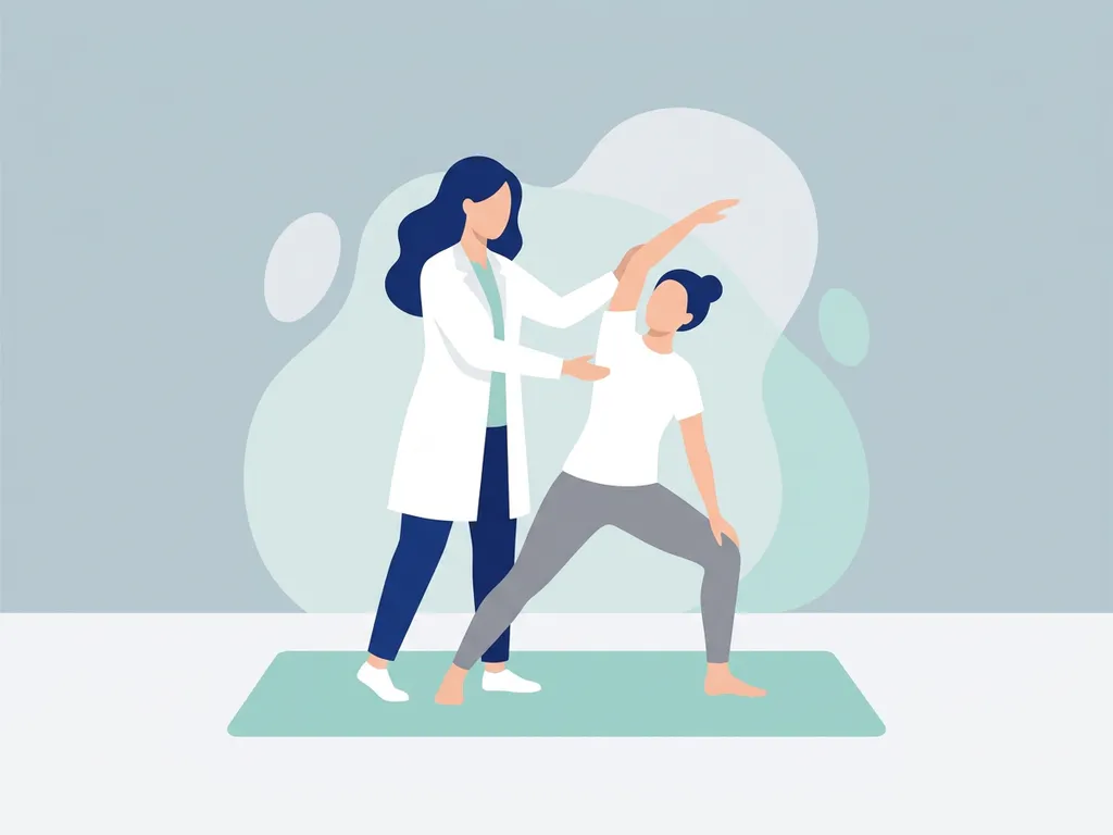 Physiotherapist in white coat guiding patient through a stretching pose on a teal exercise mat, flat vector illustration.