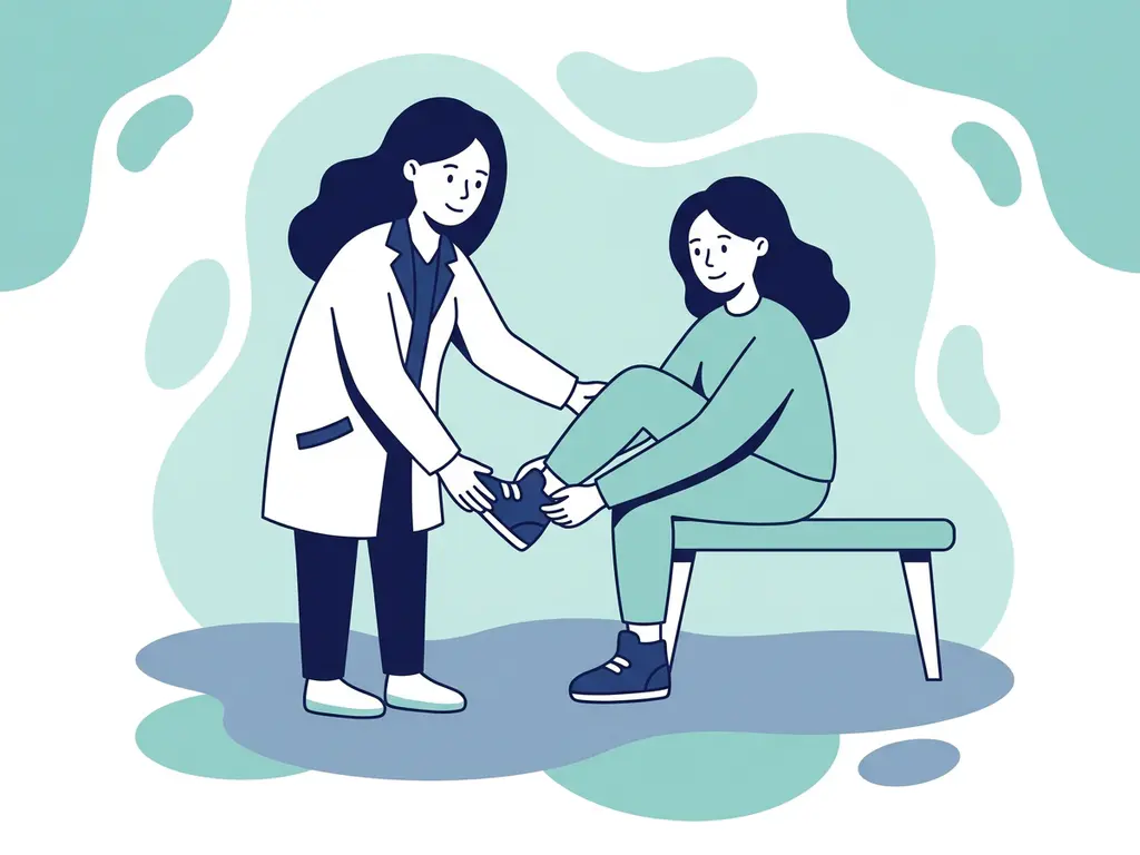 Physiotherapist in white coat helping a patient try on supportive shoes, clean medical illustration in navy, white, and teal.