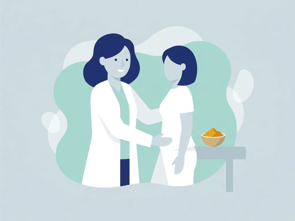 Physiotherapist in white coat examining a patient's hip, with a bowl of turmeric powder on a nearby table.