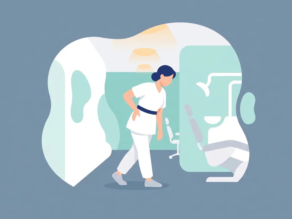 Person walking carefully with a slight forward lean in a physiotherapy clinic corridor, teal accent wall in background.